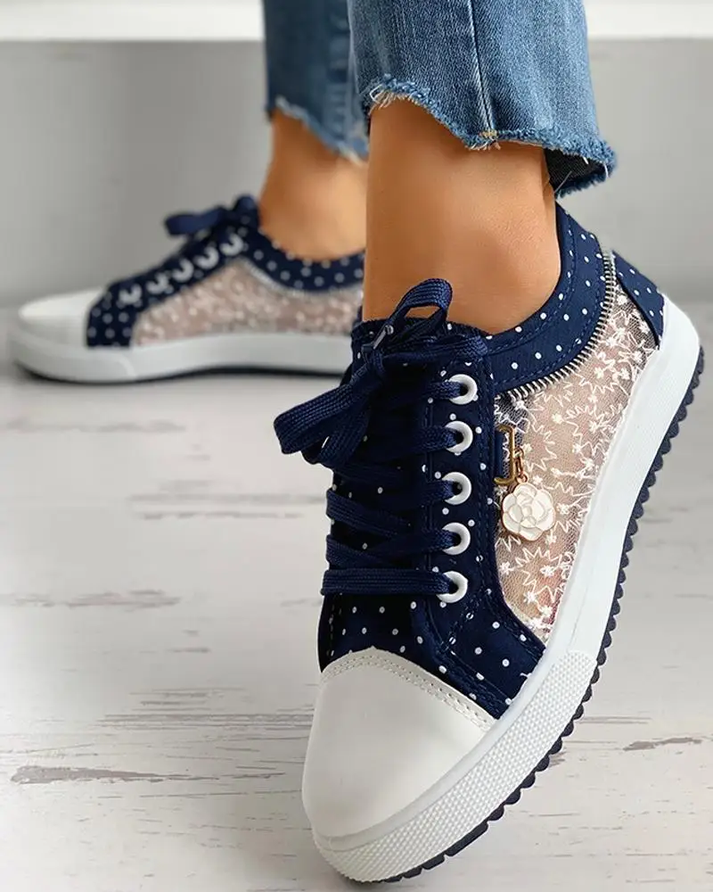 Polka lace Flats Women Casual Shoes Lace-Up Leisure Sexy Mesh Match Comfortable Chaussure Femme Hollow for 2023