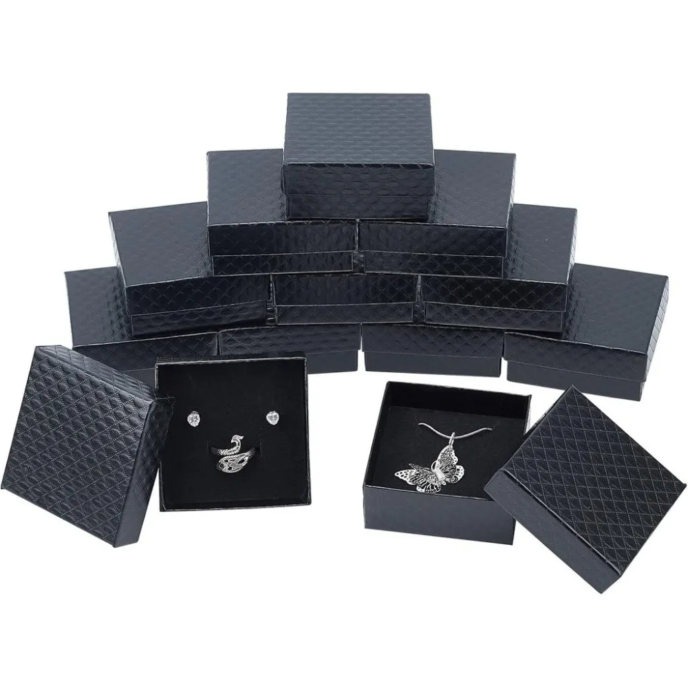 Lot de 10 boîtes à montre individuelles noires 3,4x3x2 en carton, emballage cadeau, support pour montres avec coussin, support pour bracelet, rangement carré