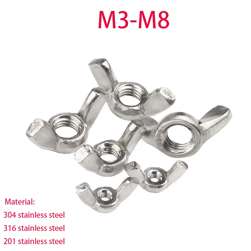 1/2/5/10/20Pcs M3 M4 M5 M6 M8 M10 M12 Wing Nuts Butterfly Nuts 201/304/316 Stainless Steel Hand-tightened Nut Butterflys Hat