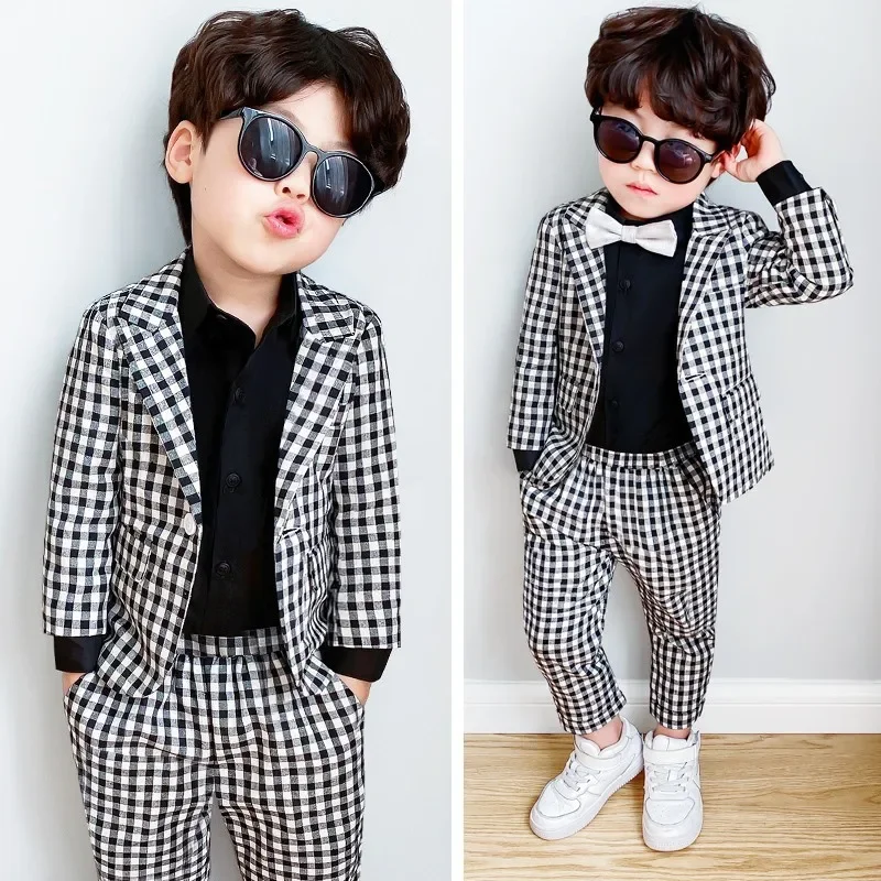 Formal Baby Child Plaid Dress Suit Set Spring Autumn Flower Boys Wedding Party Performace Costume Kids Blazer Pants Clothes