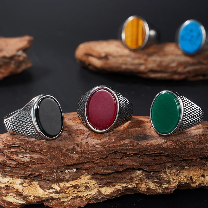 1 bague ovale en pierre naturelle pour hommes à la mode, avec un vrai œil de tigre et une agate noire, en acier inoxydable 316L.