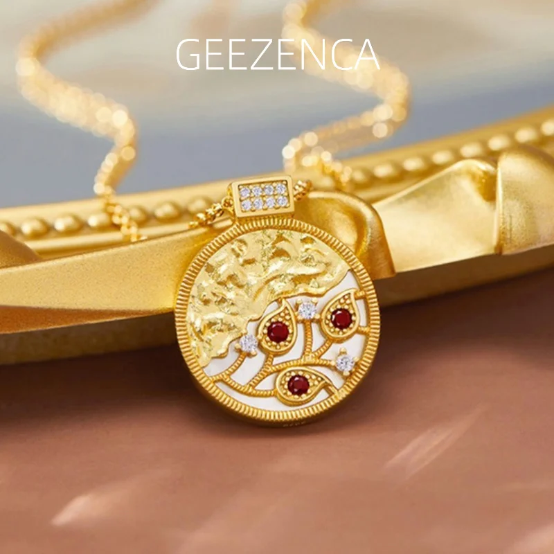 

GEEZENCA Red Garnet 925 Silver 18K Gold Round Pendant Necklace Women White Mother of Pearl Flower Chic Necklaces 2024 New Gift