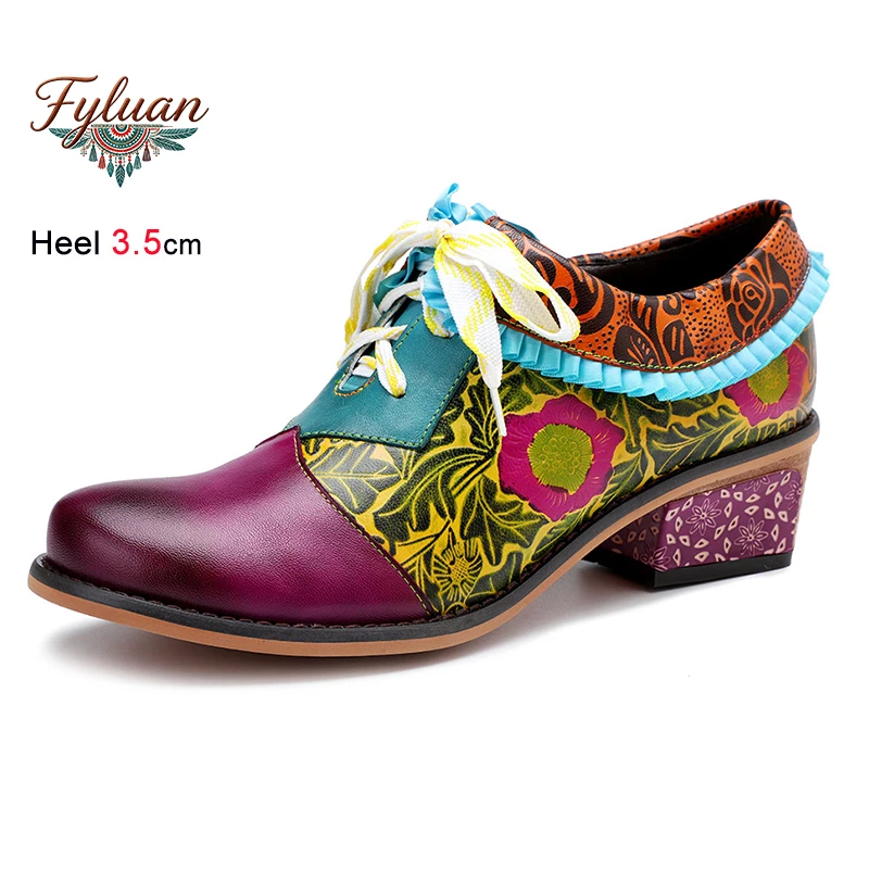 

Spring Summer Purple Printed Pleated Edge Women's Shoes Chunky Middle Heels 3.5cm Lace Up Round Toe Ladies Pumps Bohemian Shoes