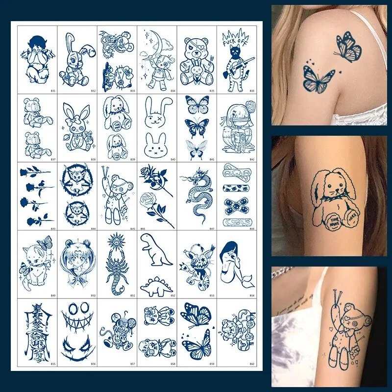 30pcs adesivi per tatuaggi a base di erbe semipermanenti per cartoni animati per adesivi per stampa a trasferimento d'acqua monouso impermeabili da donna