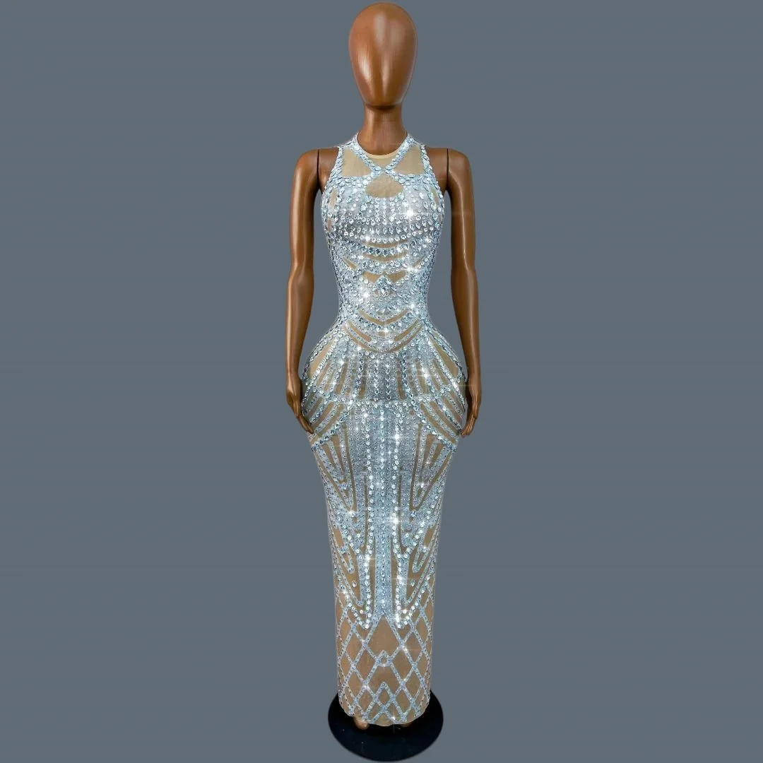 

Silver Sparkly Crystals Mermaid Maxi Dress Sleeveless See Through Mesh Pageant Stage Performance Formal Evening Gown Tiexianquan