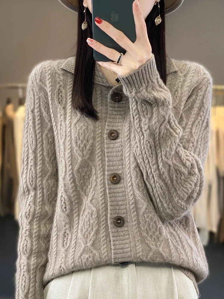 

Women Sweater Twist Flower Thick Cardigan Autumn Winter 100% Merino Wool Long Sleeve Warm Cashmere Knitwear Coat New Chic