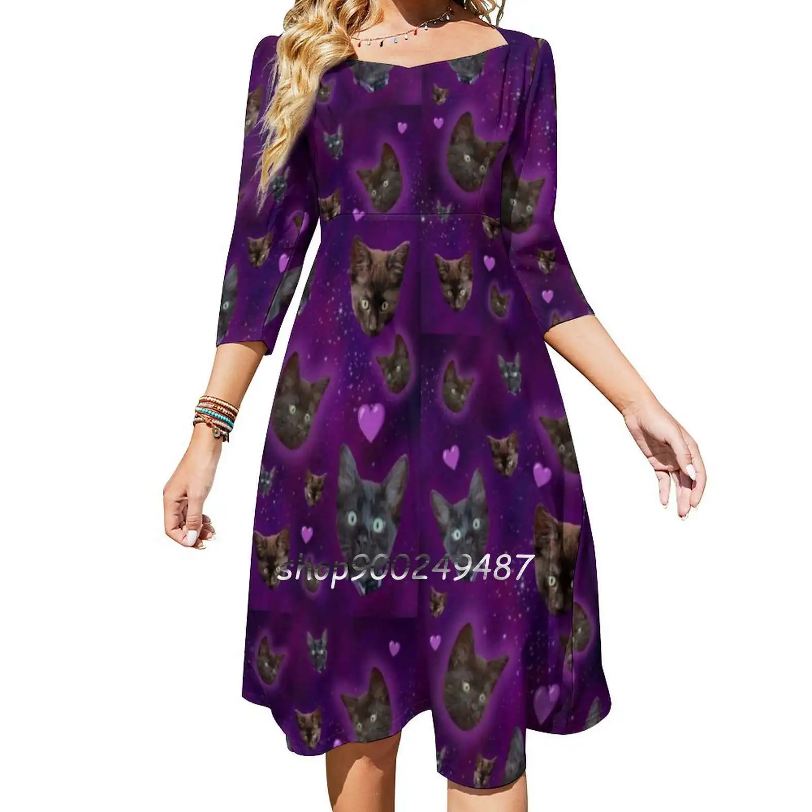 Cat Galaxy ? ? Square Neck Dress Cute Loose Print Dresses Elegant Beach Party Dress Cat Galaxy Black Cat Funny Purple Halloween