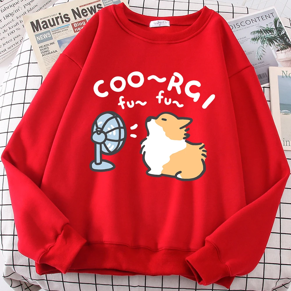 Wind Blowing Corgi Dog Fun Cute Print Cartoons Sweatshirt Men Women Crewneck Pullover Casual Japan Loose Hoodie Cartoons Hoodies