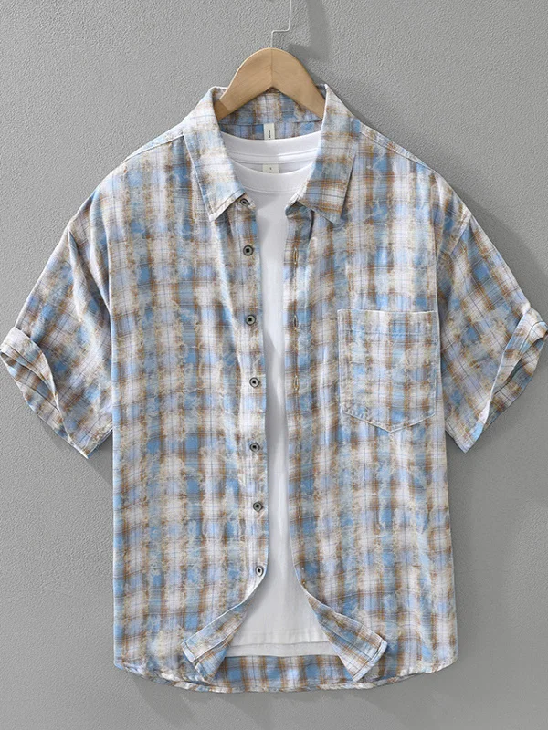 

Summer Men's Short Sleeve Shirt Color Woven Pure Cotton Casual Loose Fit Checkered Breathable Fashionable Turn-down Collar