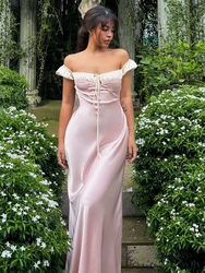 JULISSA MO Sexy Off Shoulder Lace Up Women Maxi Dress Pink Puff Sleeve High Waist Dress Summer Slim Elegant Party Clubwear 2024