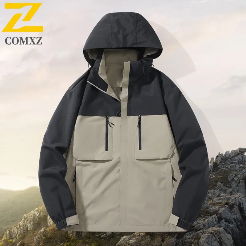 

COMXZ 2025 Men Women New Patchwork Waterproof Breathable Spring Autumn Hooded Windbreaker Hiking Sport Unisex Trendy Jacket Coat