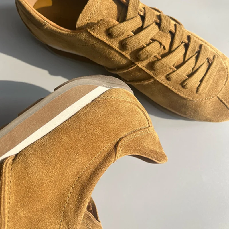 Withered Genuine Suede Leather Sneakers Shoes Women Minimalist Retro Round Toe Deep Khaki Flat Training Shoes Women