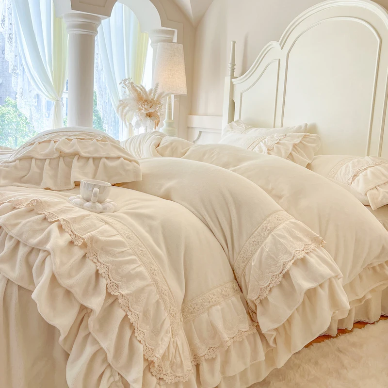 Romantic Three Layer Lace Ruffles Velvet Winter Warm Thickened Princess Bedding Set Duvet Cover Bed Skirt Pillowcases 4Pcs