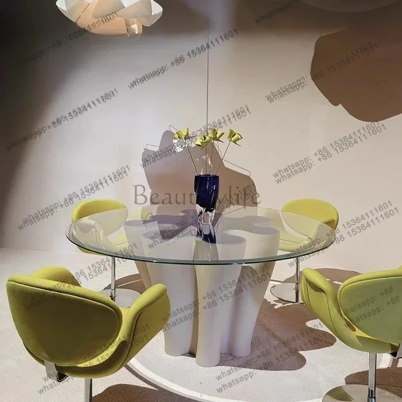 

Light Luxury Round Glass Dining Table Art Fiberglass High-end Wave Dining Table Wavy Flower Coffee