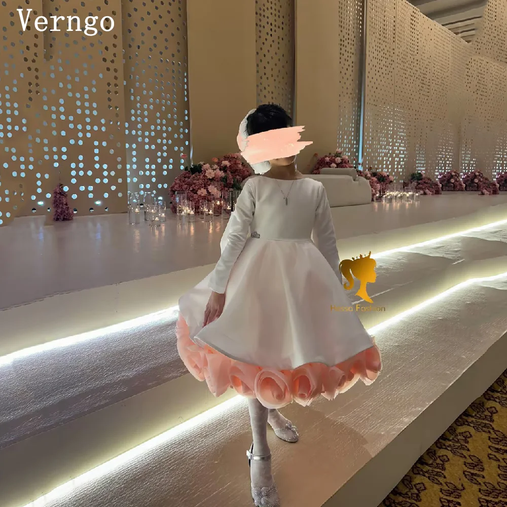 Verngo 3D Fkowers Bow Full Sleeves Girl Flowers Dress O Neck Modest Kid Birthday Dresses Celebrity Holy Communion Customized