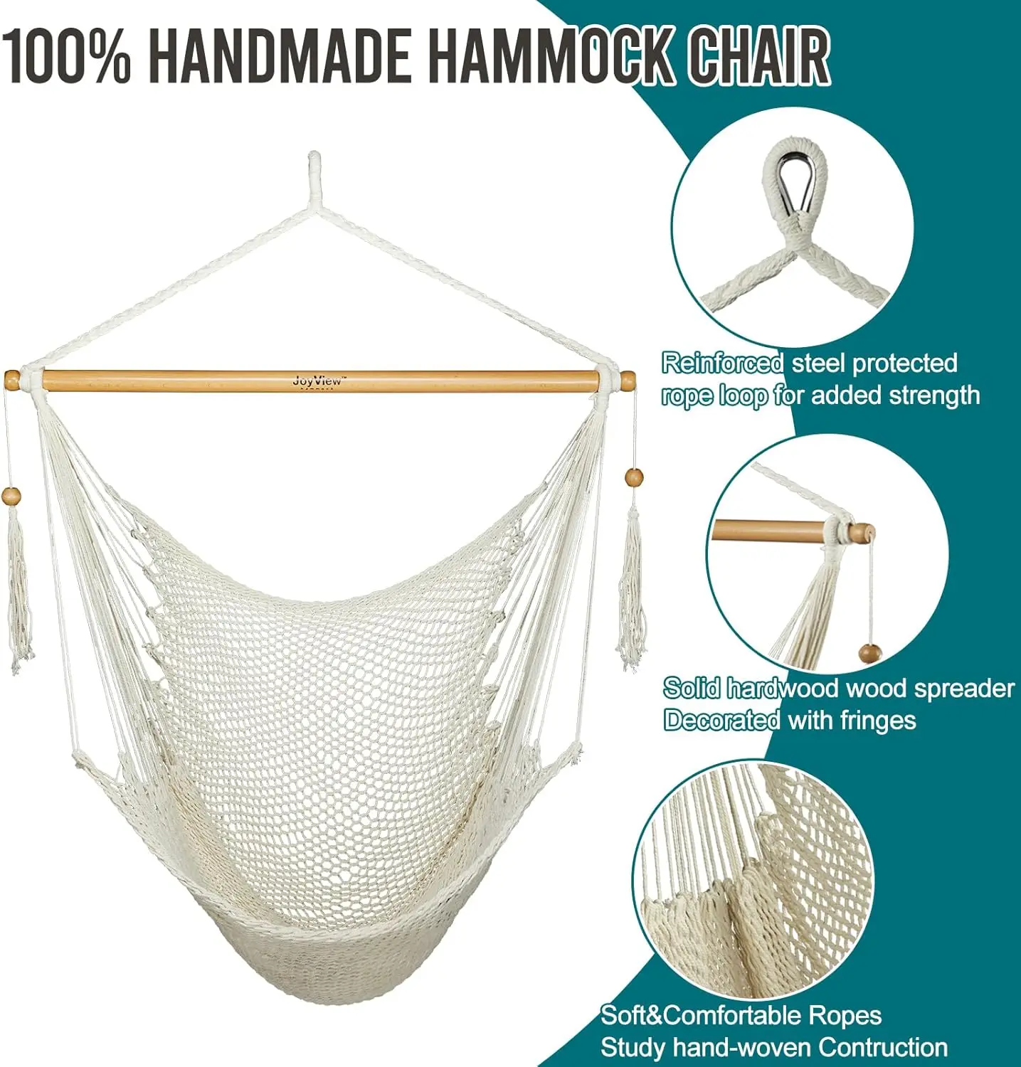 كرسي هزاز كبير جدًا مع قضيب توزيع من الخشب الصلب، سعة 300 رطل للاستخدام الداخلي والخارجي - أبيض طبيعي