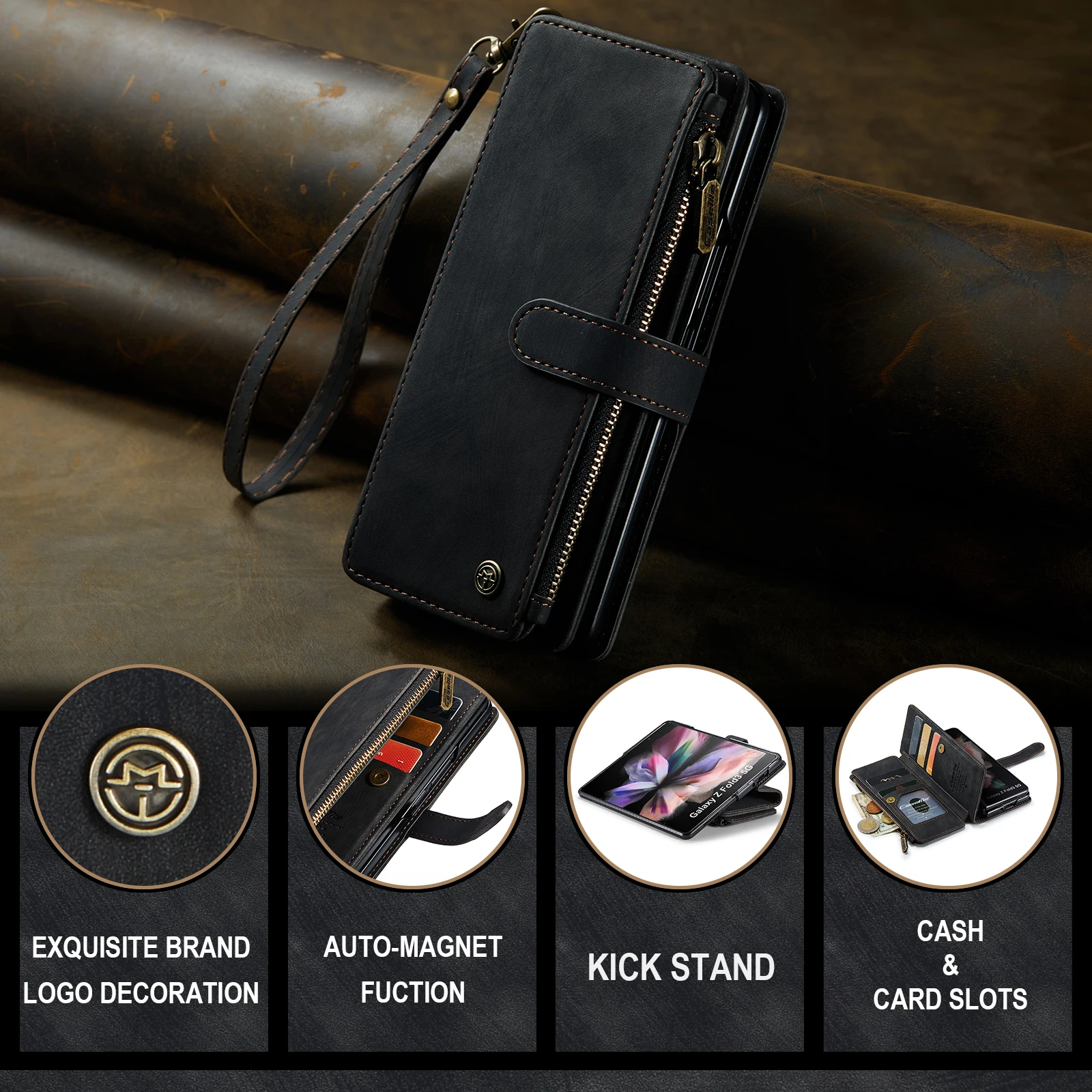 for Samsung Galaxy Z Fold 3/4 Wallet Case,Durable PU Leather Magnetic Wallet Flip Lanyard Strap Wristlet Zipper Card Holder Case
