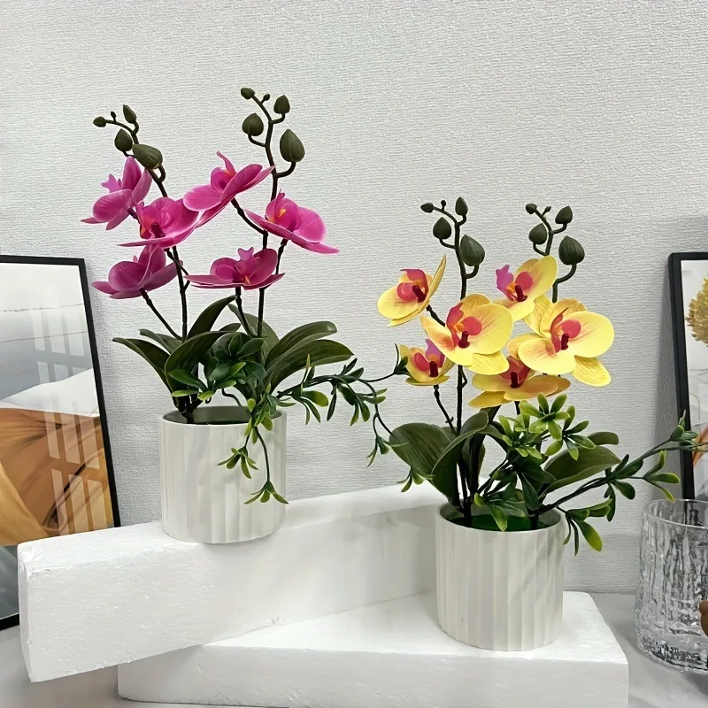 Künstlicher Orchideen-Schmetterlings-Doppelbündel mit 6-Blüten, Topfpflanzenfolie, realistisches Grün, Szenen-Setup für die Innenfotografie – Detail 3