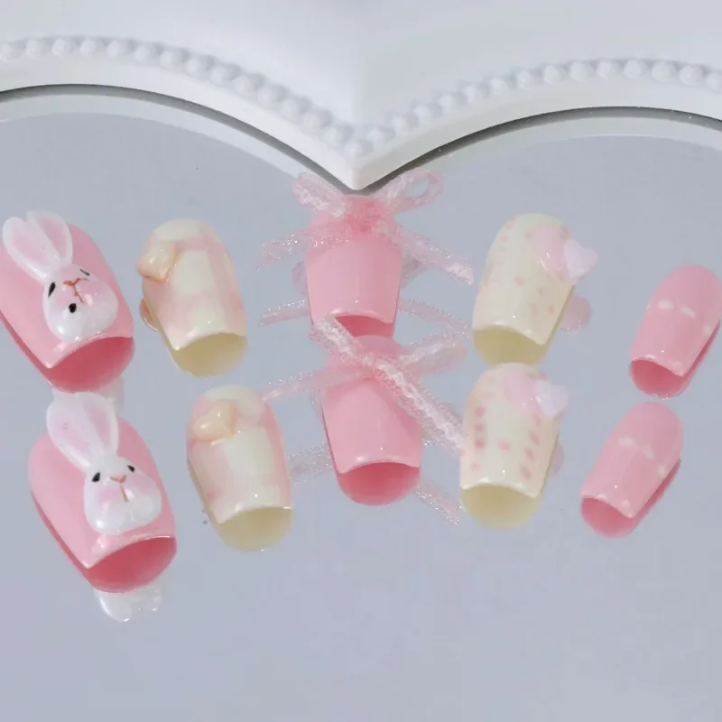 

10pcs Adhesive Fake Nails Set Pink Bunny Design With Bow & Heart Accents Hand-painted Striped & Solid Color