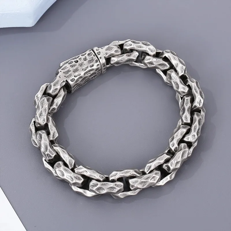 HAOYI 13mm Wide Stainless Steel Retro Hammer Pattern Bracelet for Men's Bracelet's Punk Antique Silver Colour Jewelry