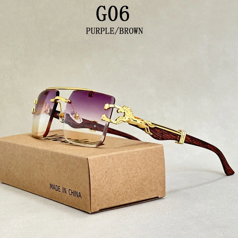Holzmaserung Sonnenbrille Damen Trendy 2024 Randlose Sonnenbrille Herren Vintage Designer Mode-Brillen Lentes De Sol Mujer Zonnebril – Detail 6