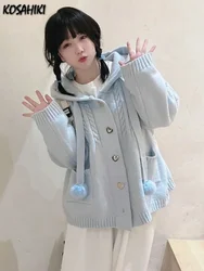 KOSAHIKI Cardigan lavorato a maglia con bottoni giapponese Kawaii Donna Blu Kardigan Damski Harajuku Ragazza carina Felpa con cappuccio Maglione Giubbotti Cappotto Y2k