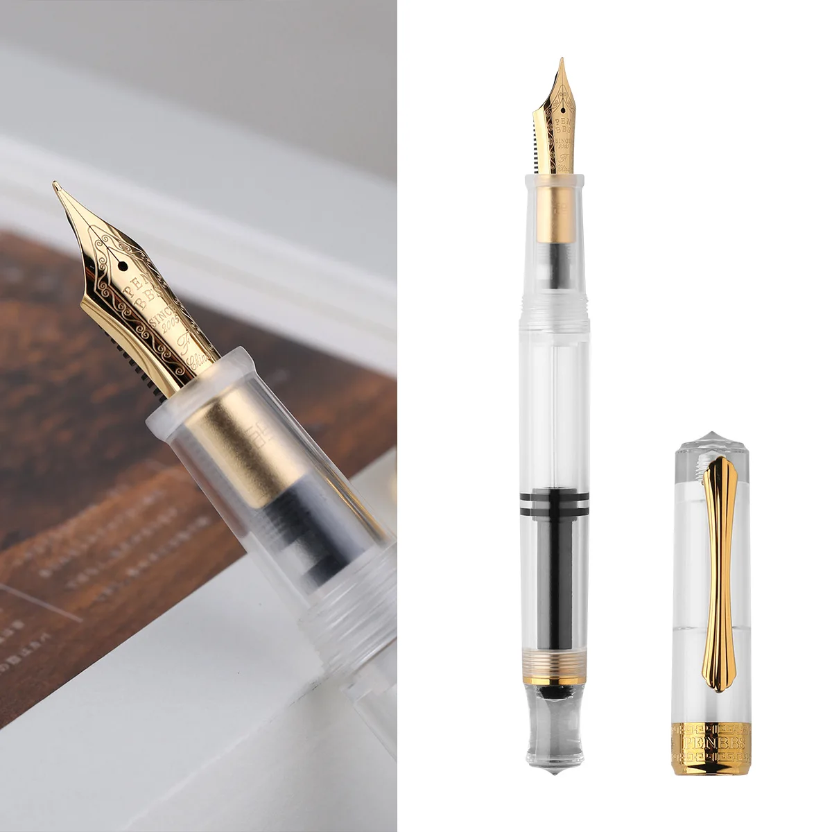 

PENBBS 470 Acrylic Transparent Piston Fountain Pen Blade/Round Nib Ink-absorbing Large Capacity Business Writing Gift Pen