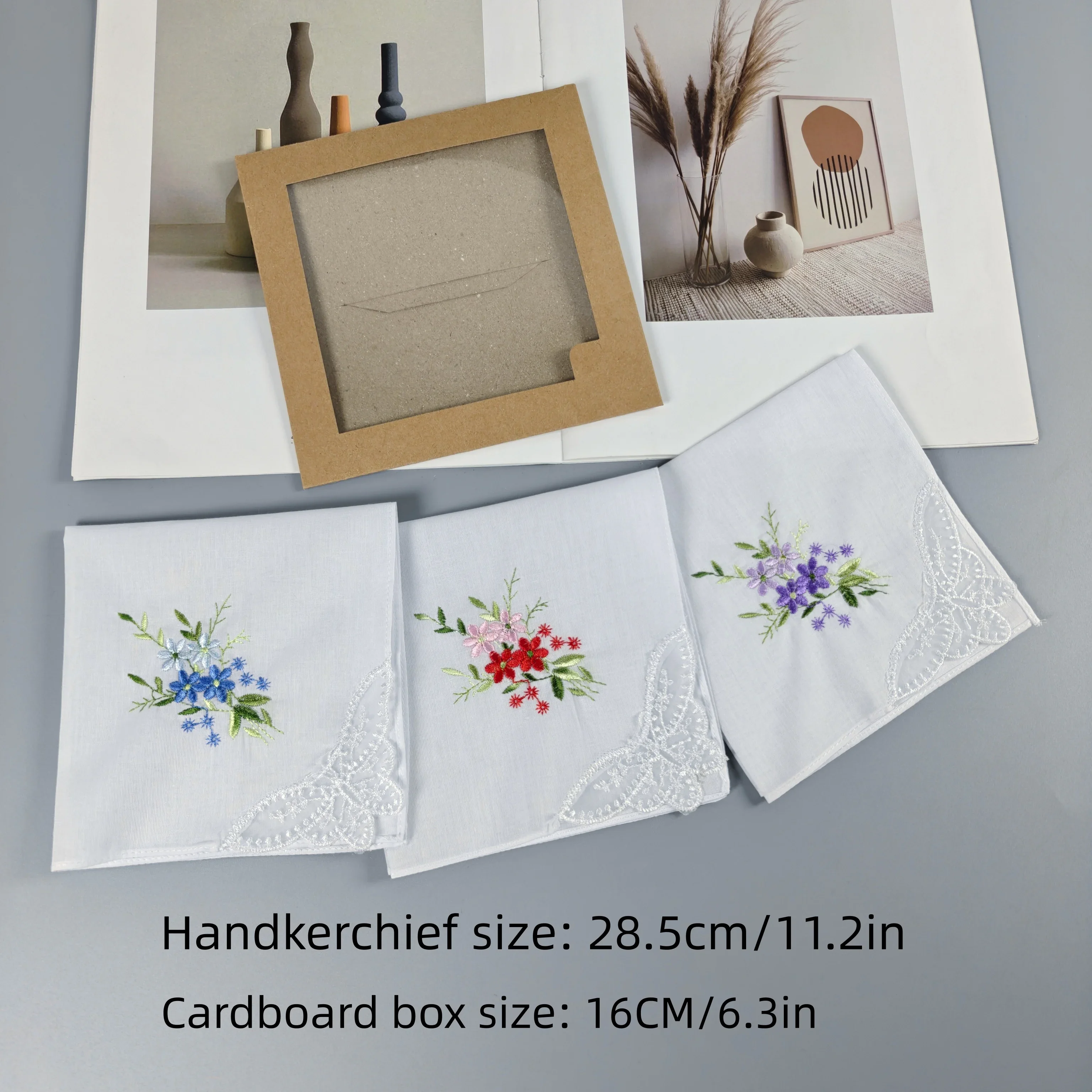 3 PCS Thin Pure White Cotton Embroidered Lace Handkerchiefs Gift Box, 28cm/11in, for Wedding & Home Decor