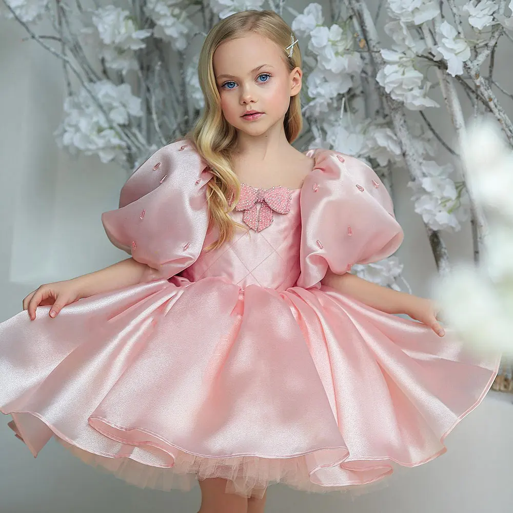 Jill Wish M032 Elegant Kids' Ball Gown - Pink Beaded Balloon Sleeve Dress with Tulle Hem Wedding Party Birthday Pageant Gown