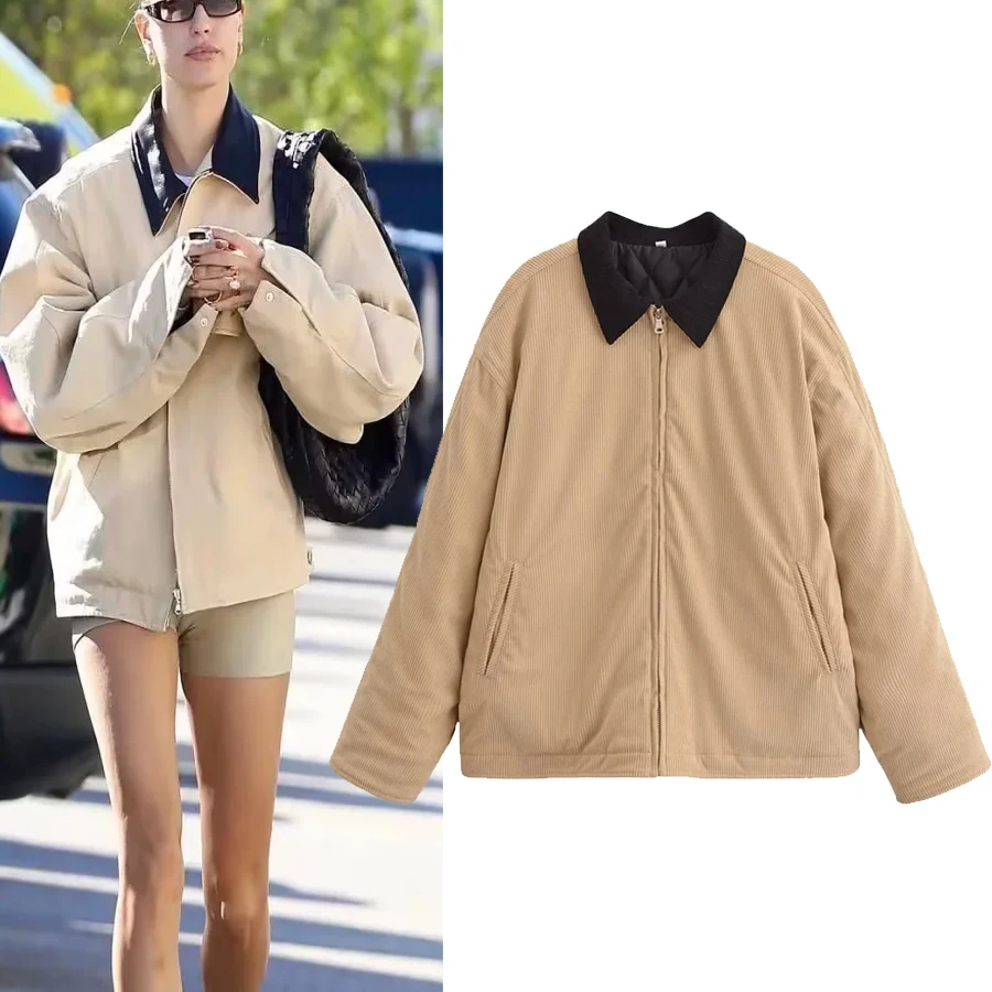 Abrigo versátil H03 Faion de pana color Blo Jaet para mujer, ropa de abrigo informal de longitud regular para todas las estaciones