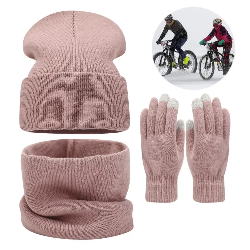 Breathable Thermal Lined Hat Touch Screen Gloves Hat Set Winter Warm Knit Hat Gloves Scarf Set for Women Fleece Lined