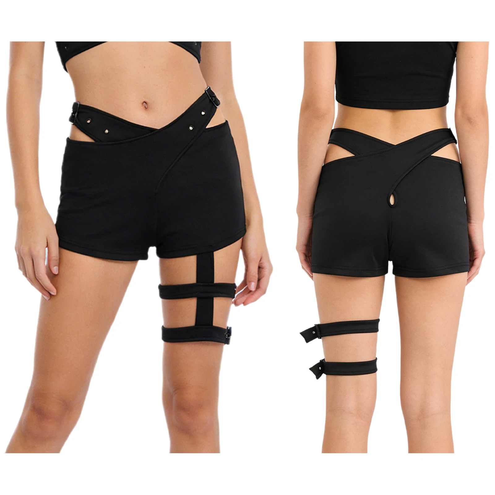 Womens Music Festival Club Party Dance Costumes Adjustable Buckled Cutout Cross Waistband Yoga Shorts with Leg Rings Streetwwear