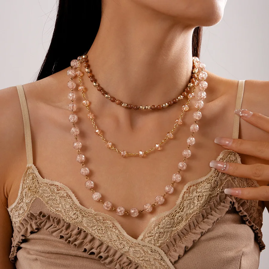 3 יחידות / מערכת שרשרת זכוכית קריסטל לנשים טמפרמנט חרוזים עגולים שרשרת שכבות שרשרת עצם תכשיטים למסיבה