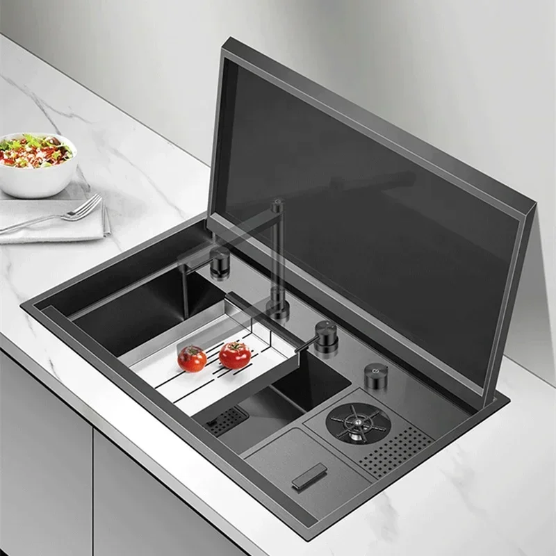Water Tap Cup Washer Single Basin Bowl Cover 304 Stainless Steel Liner Hidden Folding Faucet Kitchen Sink
