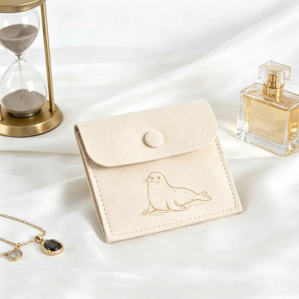 

Personalized Print Your Name 50pcs Snap Button Microfiber Bag 8x8cm Jewelry Pouches Embossed Small Packaging Earrings Gift Bags