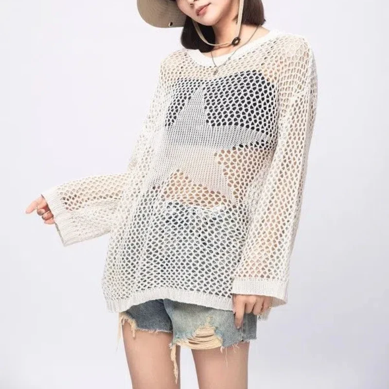 2024 Spring Autumn New Fashion O Neck Long Sleeve Women\'s Clothing Pullovers Loose Sexy Hollow Out Female Clothes Solid Knitwear