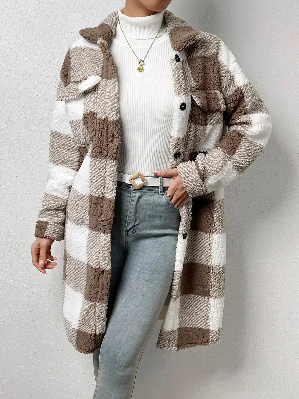 Women Turn Down Collar Long Sleeve Plaid Long Button Cardigan Coats Oversized Female Long Fleece Overcoats