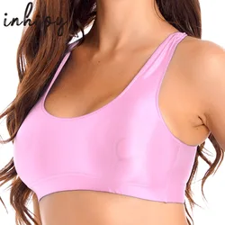 Womens Glossy Tanks Oil Shiny Sleeveless Crop Top Vest  for Sport Fitness Yoga Workout Cheer Booty Dance Tops Swimwear Clubwear