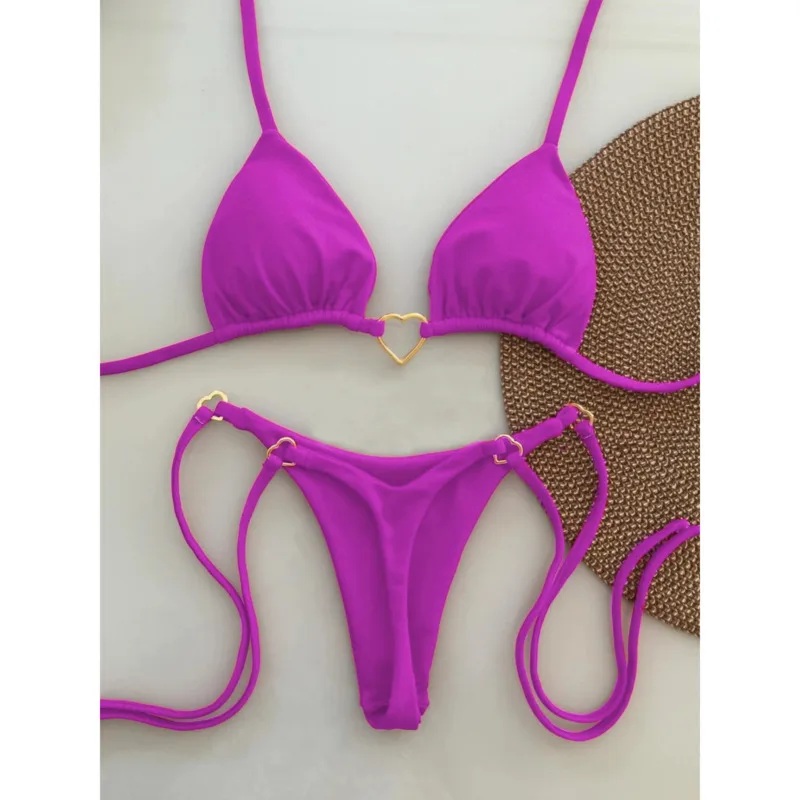 Sexy Solid Low Waisted Bikini Sets Women Swimsuit Heart Link Ring Red Strappy Beach Wear Summer New Holiday Seaside Bathing Suit