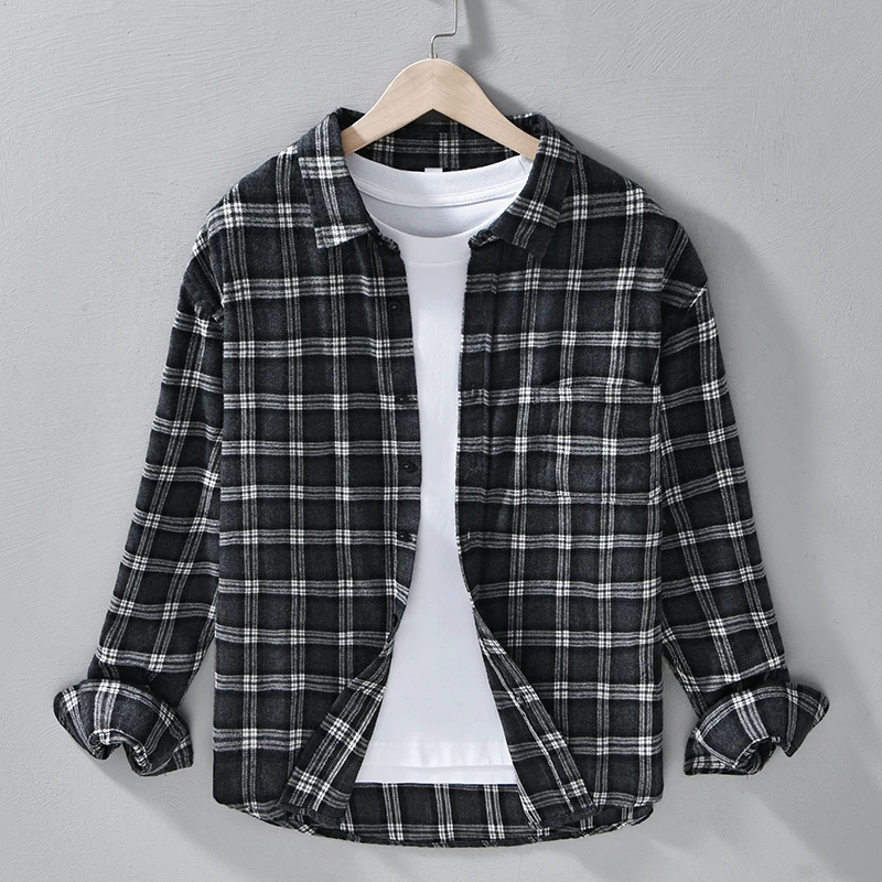 

2026 Spring Autumn New Brushed 100% Cotton Vintage Plaid Long Sleeve Shirt for Men Clothing Turn-down Collar Tops