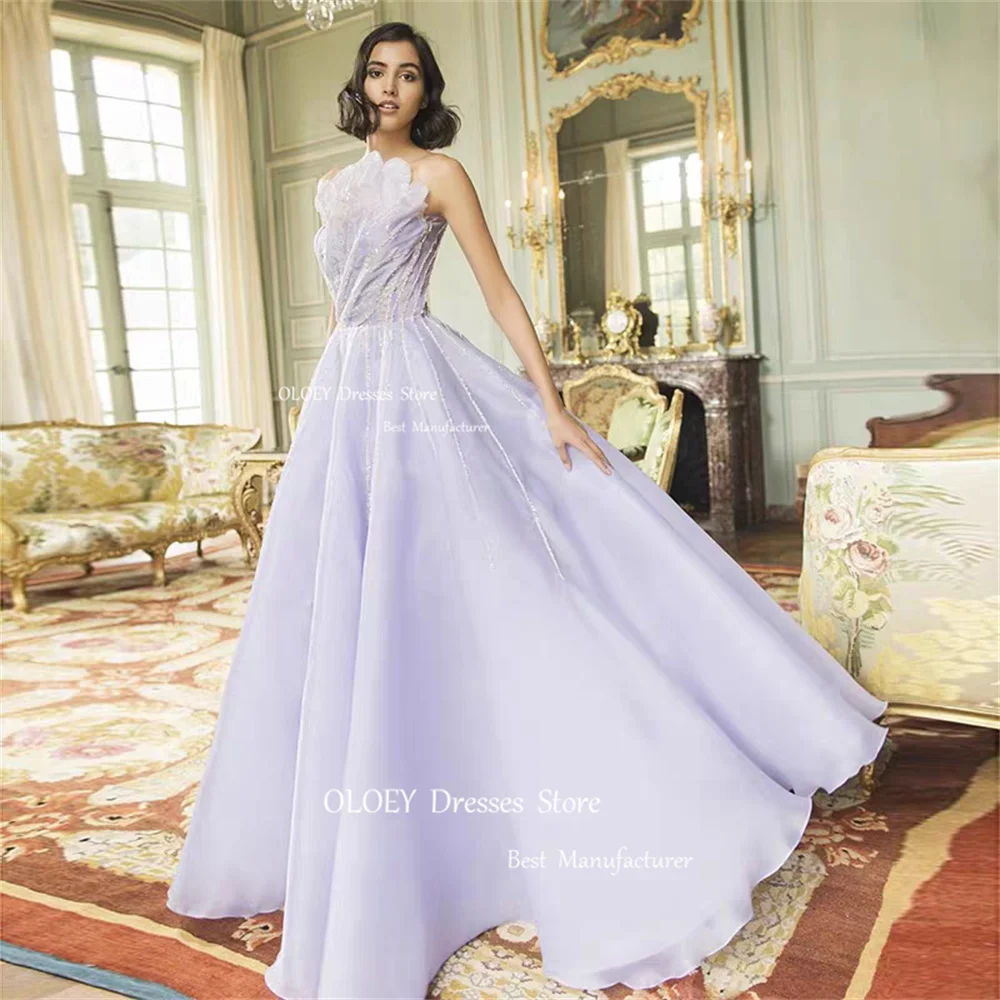 OLOEY Strapless Light Purple Prom Dresses Wedding Photoshoot Beading Silky Tulle Evening Dresses Perform Gowns Floor Length