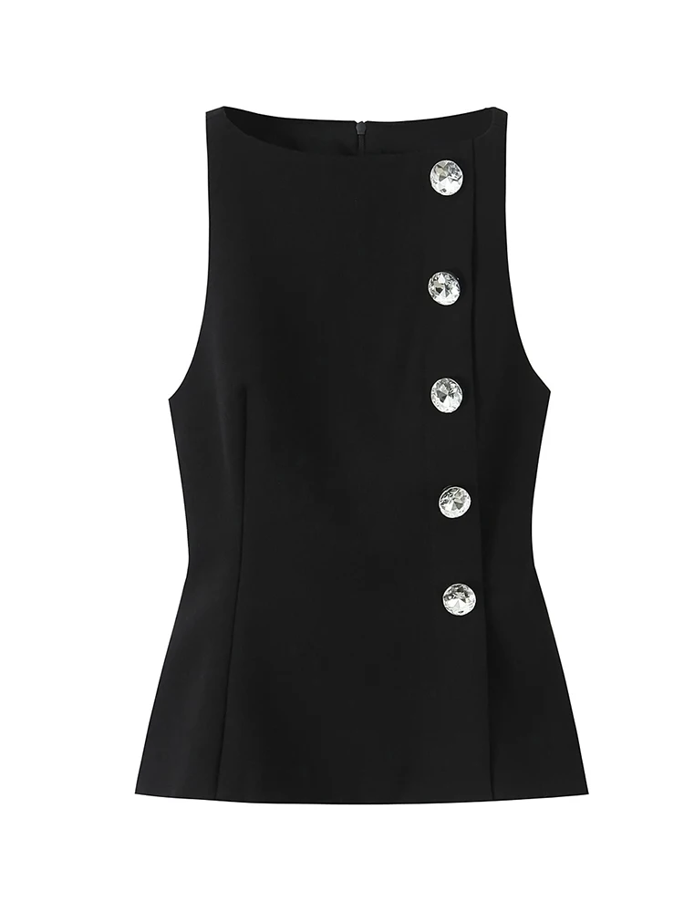 

Женские блузки без рукавов со стразами, тонкие черные топы, рубашки на молнии сзади