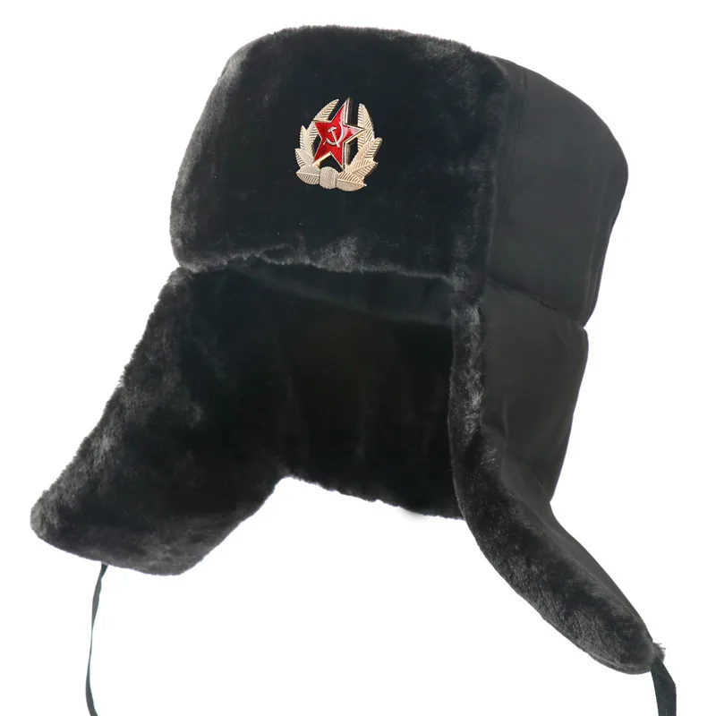 Winter Soviet Badge Lei Feng Hats for Men Russian Ushanka Hat Outdoor Warm Thicken Faux Rabbit Fur Windproof Snow Caps