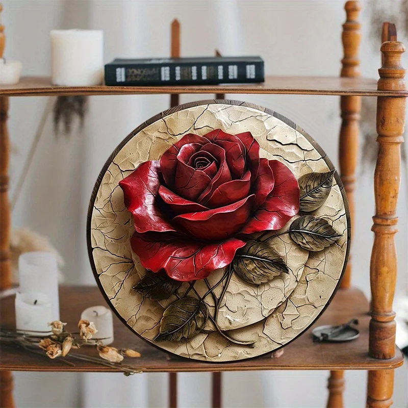 Round Aluminum Metal Sign, Exquisite Rose Pattern, Wall Art for Home and Office Decoration, Durable, Water-Resistant