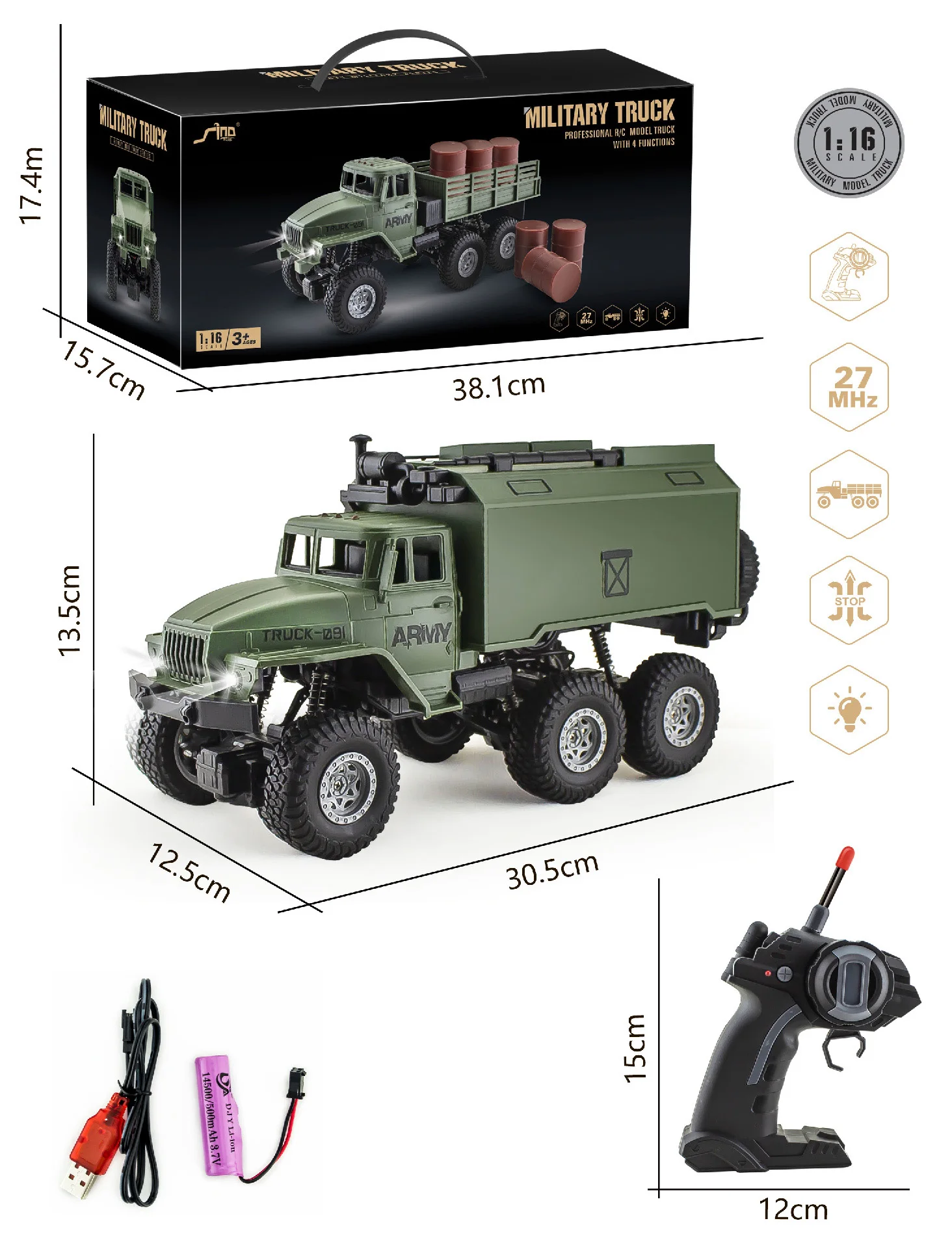 RC Military Truck 6x6 Road Remote Control Car 1/16 Scale Remote Control Truck 4WD All Terrain Rock Army Transport Vehicle Toy Ve image 3