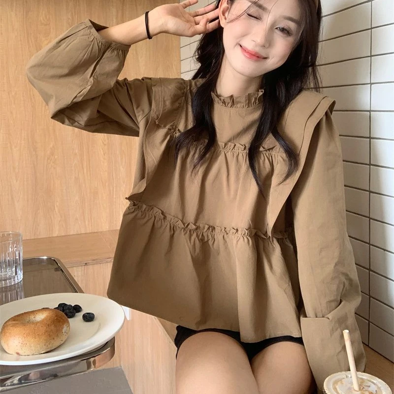 Women Blouse Patchwork Pleated Loose Female All-match Ruffled Sweet Designed Solid Short Causal Autumn Korean Chic Elegant Youth