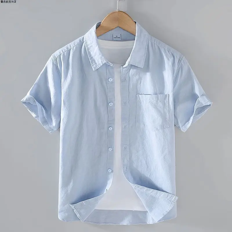 Men's Cotton Linen Loose Fit Casual Shirt Short Sleeve Summer Thin Business Casual White Collar Trendy Top Outerwear