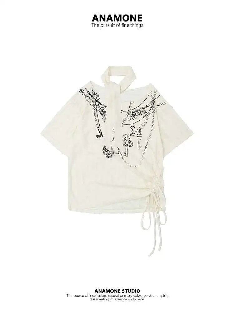 ANAMONE Women gothic punk T-shirt Hanging Neck Piercing T-shirt For Women, Summer 2025 American High Street Spicy Girl Design