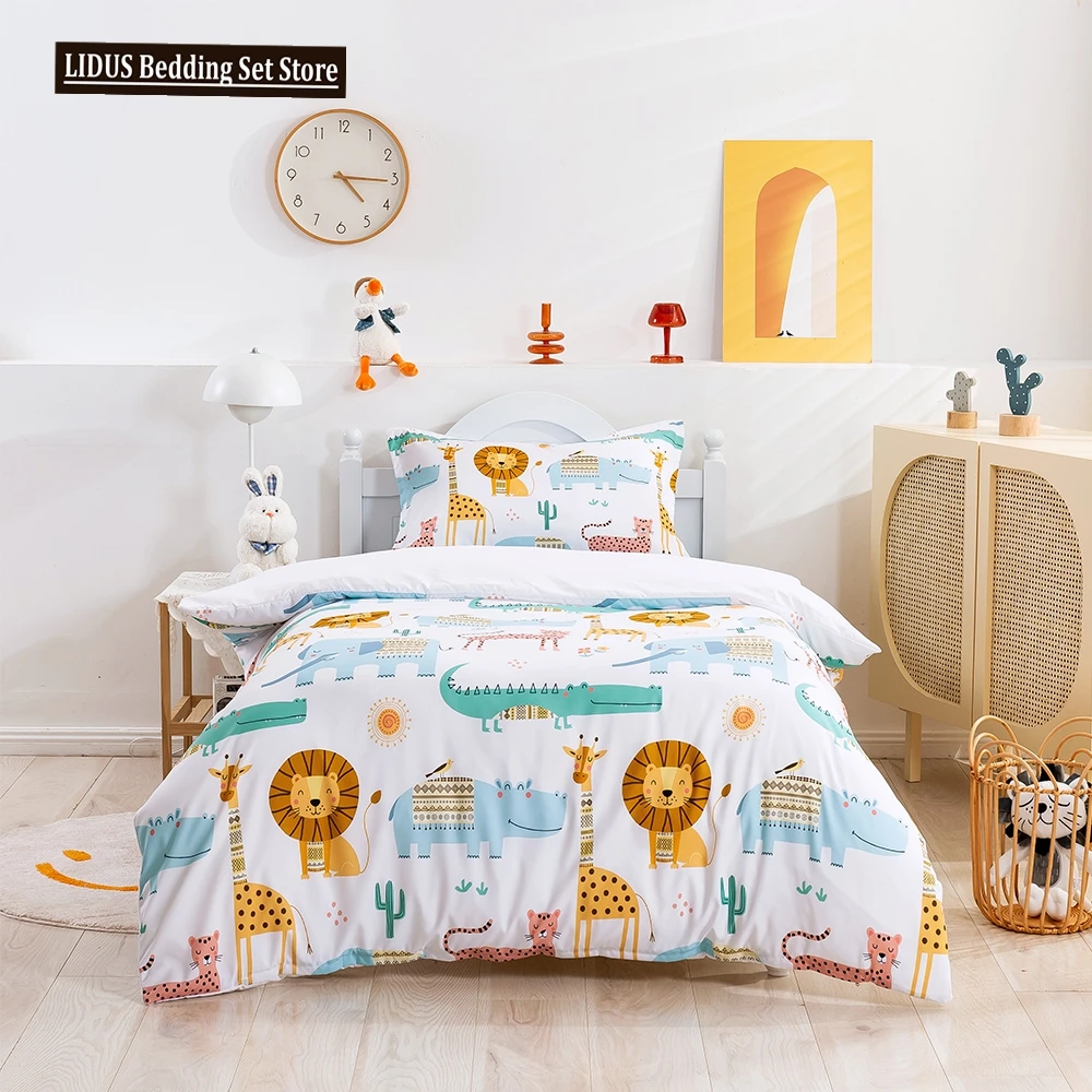 Cartoon Animals King Queen Duvet Cover Lion Giraffe Crocodile Bedding Set For Kids Boys Wildlife 2/3pcs Polyester Quilt Cover