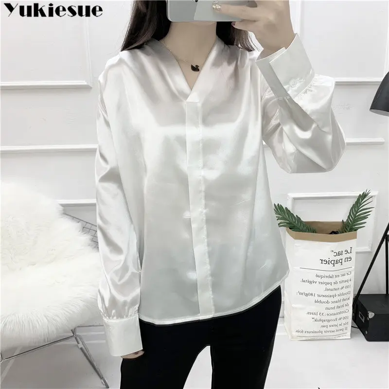 Primavera Outono Nova manga comprida imitação de seda moda temperamento simples elegante pendulares estilo versátil diária camisa Chiffon